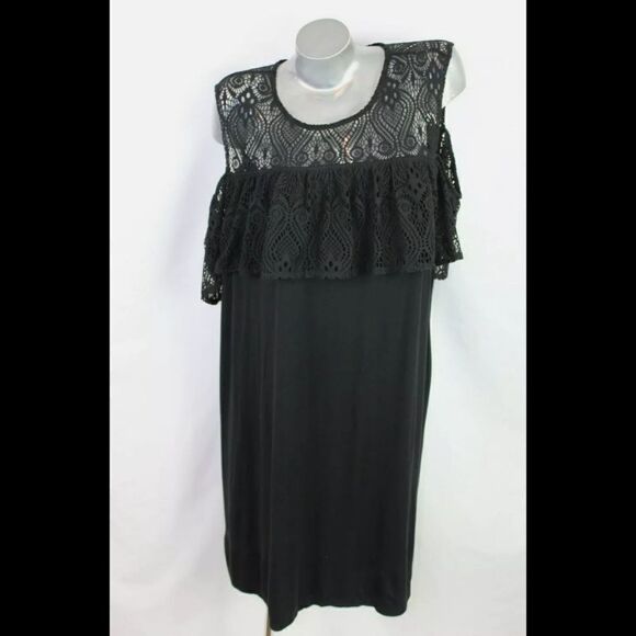 LANE BRYANT COLD SHOULDER LACE UPPER COTTON BOTTOM 18/20 BLACK DRESS NWT - Picture 1 of 7